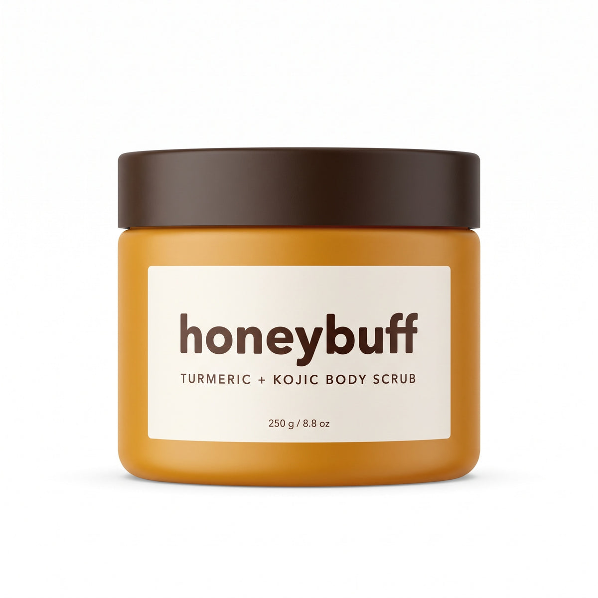 Honeybuff turmeric and kojic acid body scrub, 250 g amber jar with cocoa lid