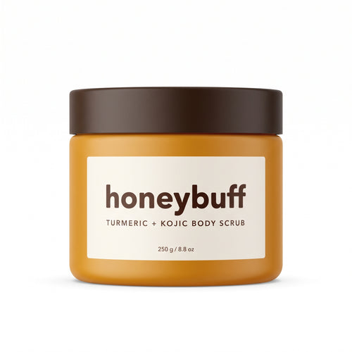 Honeybuff turmeric and kojic acid body scrub, 250 g amber jar with cocoa lid