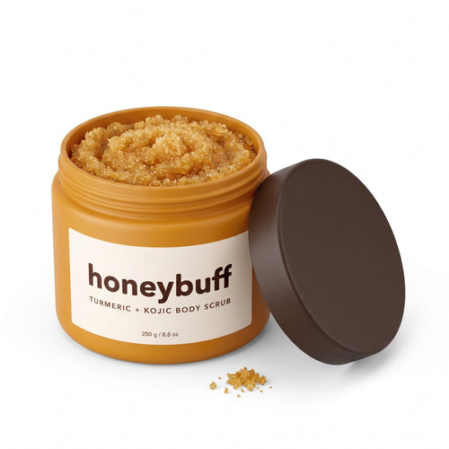 Honeybuff jar open showing the golden granular scrub